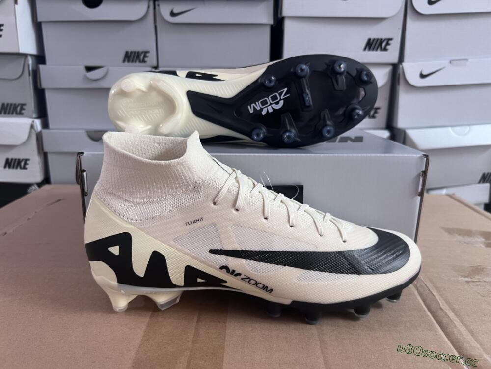 Men's Nike Air Zoom Mercurial Superfly 9 Elite AG Artificial Grass High-Tops Football Boots - Beige/Black/White
