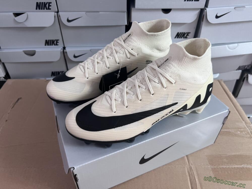Men's Nike Air Zoom Mercurial Superfly 9 Elite AG Artificial Grass High-Tops Football Boots - Beige/Black/White