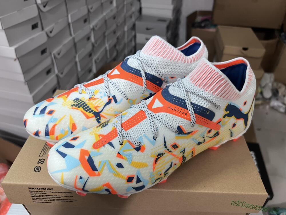 Men's Puma Future FG Firm Ground Low-Tops Football Boots - White/Red/Yellow/Blue/Pink