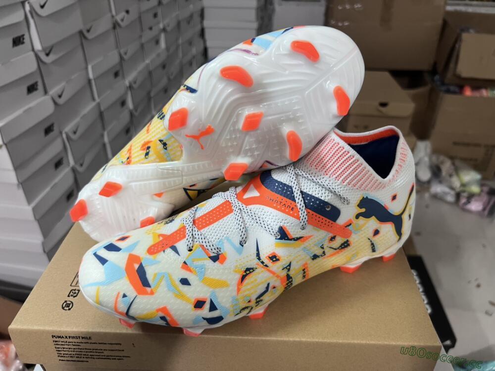 Men's Puma Future FG Firm Ground Low-Tops Football Boots - White/Red/Yellow/Blue/Pink