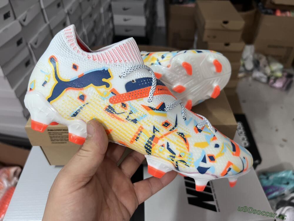 Men's Puma Future FG Firm Ground Low-Tops Football Boots - White/Red/Yellow/Blue/Pink