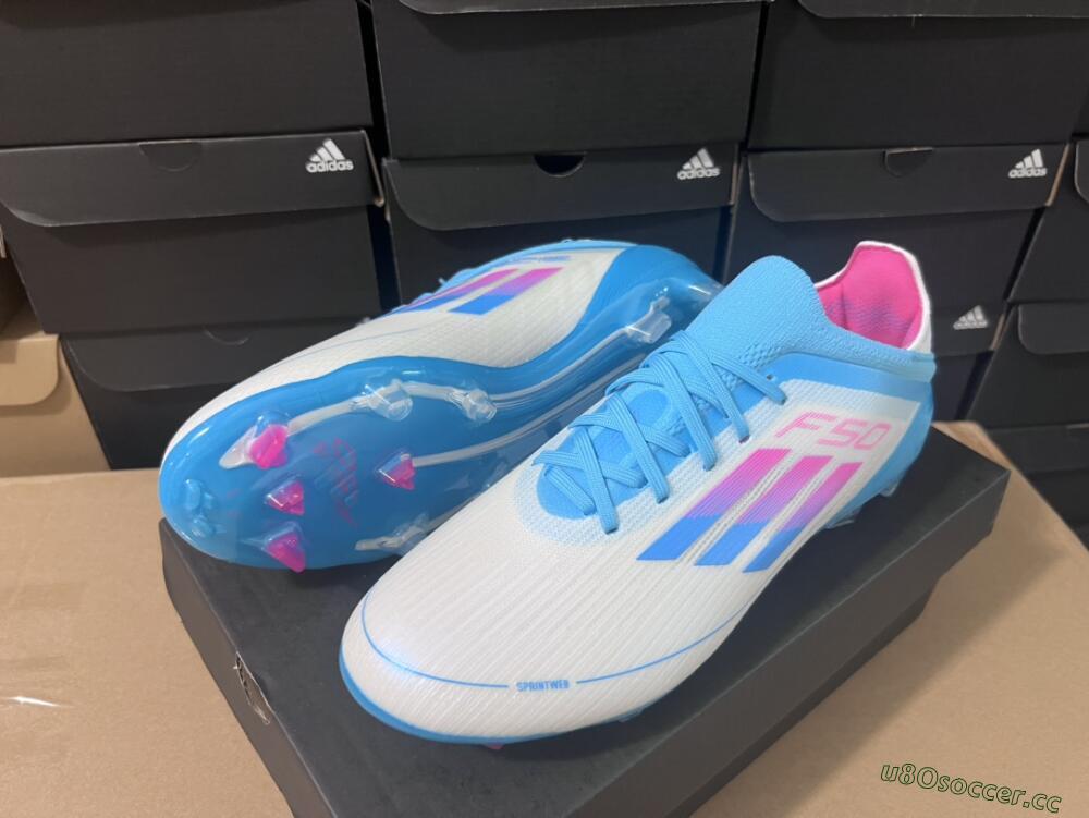 Unisex Adidas F50 Adizero FG Firm Ground Low-Tops Football Boots - White/Blue/Pink