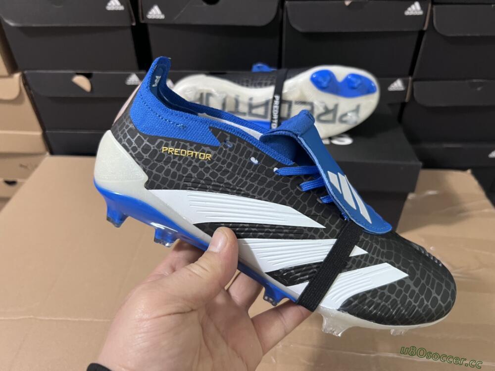 Unisex Adidas Predator Elite Foldover Tongue FG Firm Ground Low-Tops Football Boots - Black/White/Blue