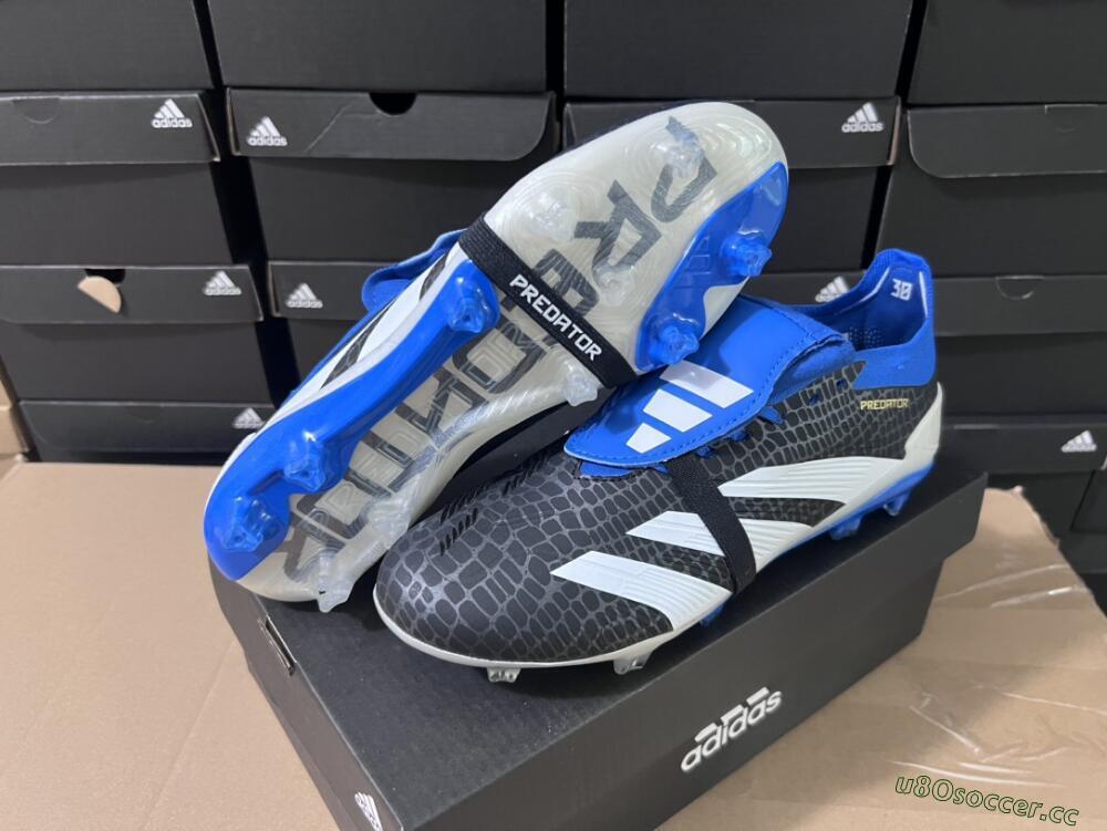 Unisex Adidas Predator Elite Foldover Tongue FG Firm Ground Low-Tops Football Boots - Black/White/Blue