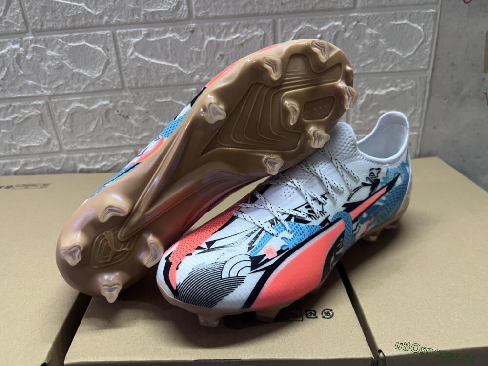 Men's Puma Ultra Ultimate FG Firm Ground Low-Tops Football Boots - White/Black/Blue/Orange
