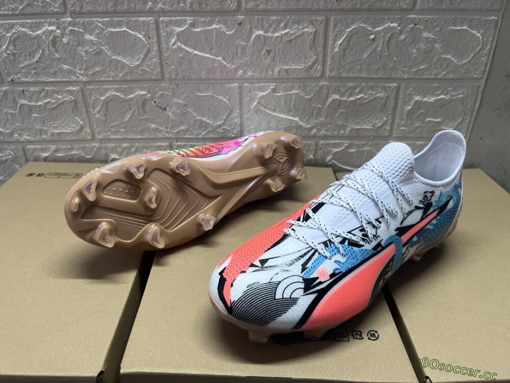 Men's Puma Ultra Ultimate FG Firm Ground Low-Tops Football Boots - White/Black/Blue/Orange