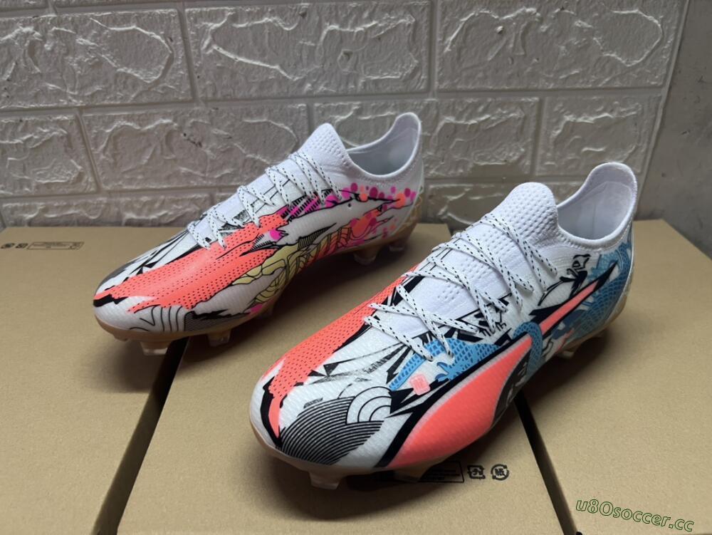 Men's Puma Ultra Ultimate FG Firm Ground Low-Tops Football Boots - White/Black/Blue/Orange