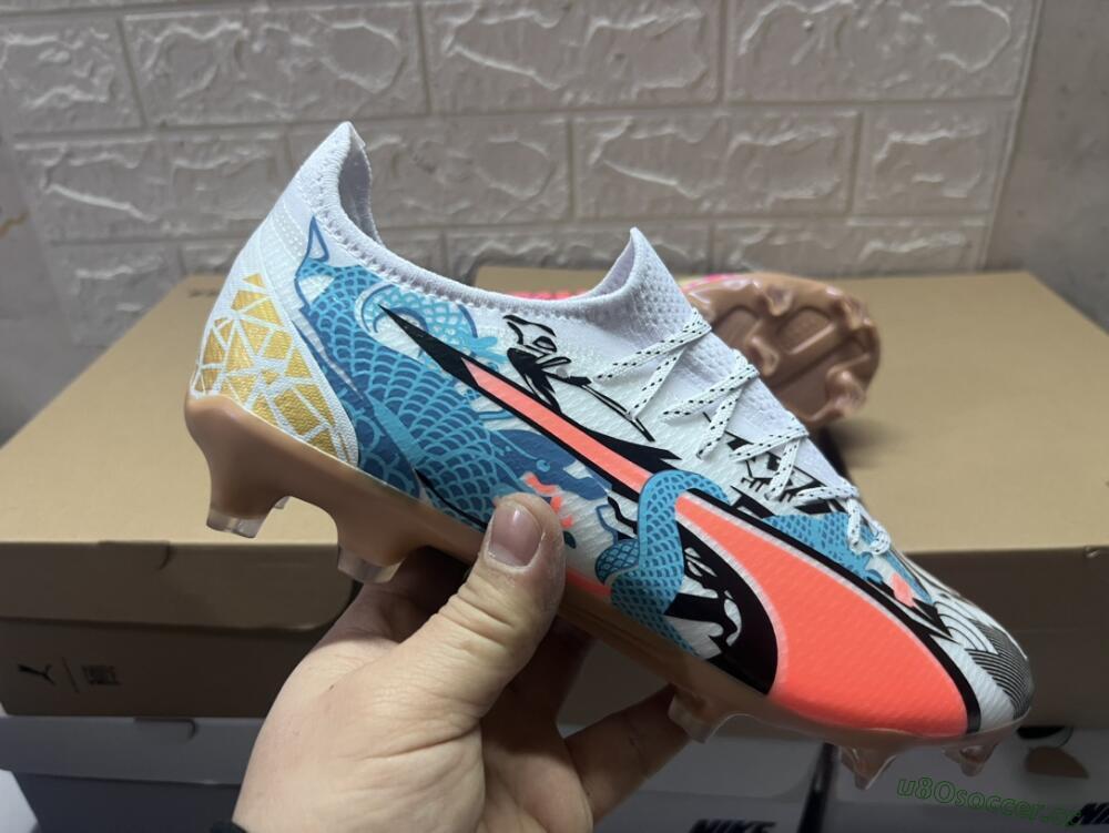Men's Puma Ultra Ultimate FG Firm Ground Low-Tops Football Boots - White/Black/Blue/Orange