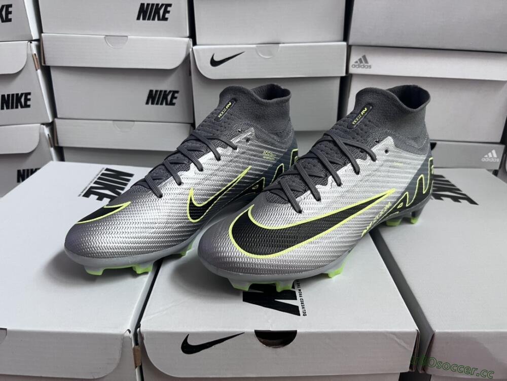 Unisex Nike Air Zoom Mercurial Superfly 9 Elite FG Firm Ground High-Tops Football Boots - Silver/Grey/Green