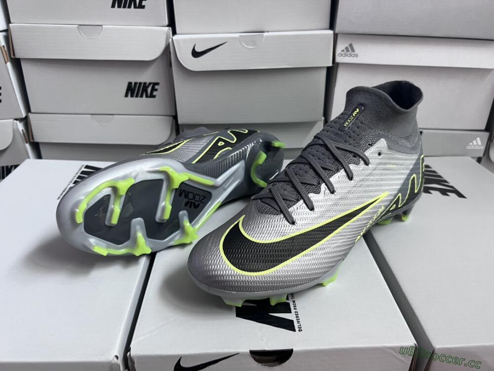 Unisex Nike Air Zoom Mercurial Superfly 9 Elite FG Firm Ground High-Tops Football Boots - Silver/Grey/Green