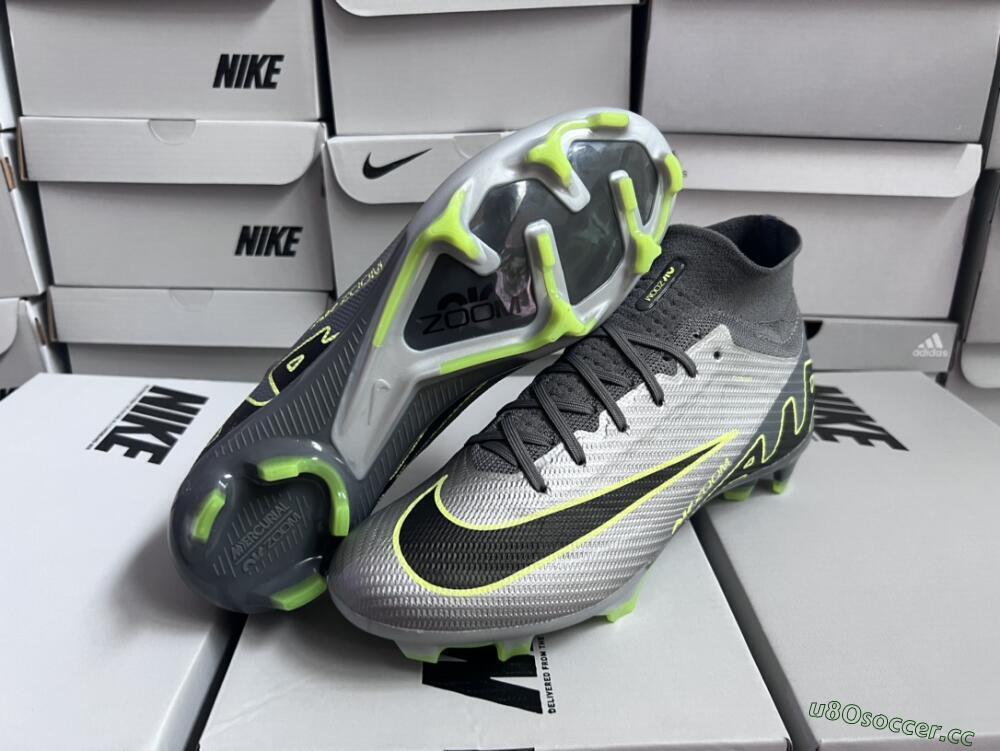 Unisex Nike Air Zoom Mercurial Superfly 9 Elite FG Firm Ground High-Tops Football Boots - Silver/Grey/Green