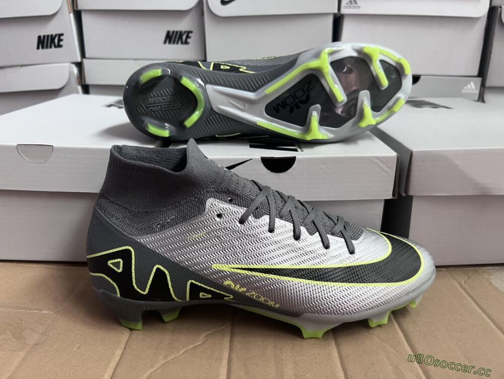 Unisex Nike Air Zoom Mercurial Superfly 9 Elite FG Firm Ground High-Tops Football Boots - Silver/Grey/Green