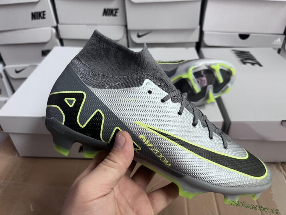 Unisex Nike Air Zoom Mercurial Superfly 9 Elite FG Firm Ground High-Tops Football Boots - Silver/Grey/Green