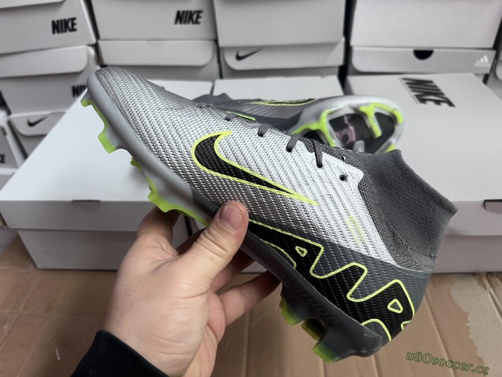 Unisex Nike Air Zoom Mercurial Superfly 9 Elite FG Firm Ground High-Tops Football Boots - Silver/Grey/Green