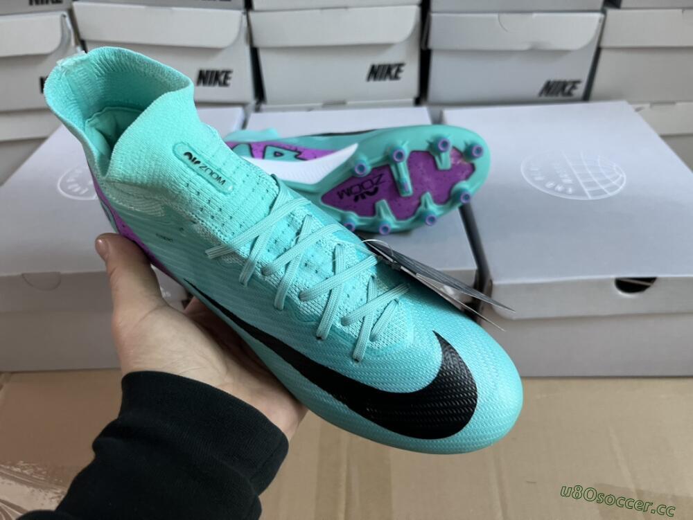 Unisex Nike Air Zoom Mercurial Superfly 9 Elite AG Artificial Grass High-Tops Football Boots - Jade/Purple/Black