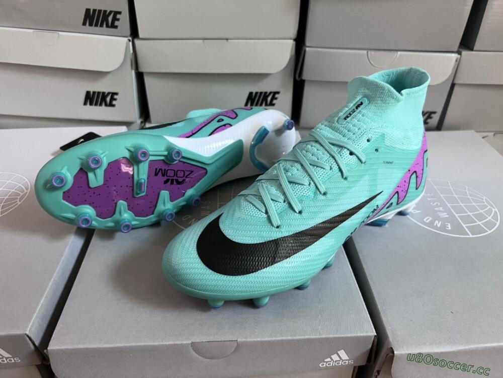 Unisex Nike Air Zoom Mercurial Superfly 9 Elite AG Artificial Grass High-Tops Football Boots - Jade/Purple/Black