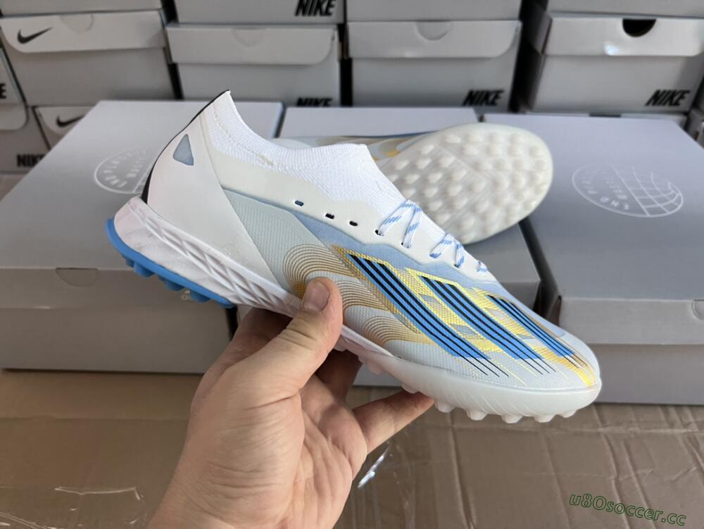 Men's Adidas X Crazyfast.1 TF Artificial Turf Low-Tops Football Shoes - White/Blue/Gold