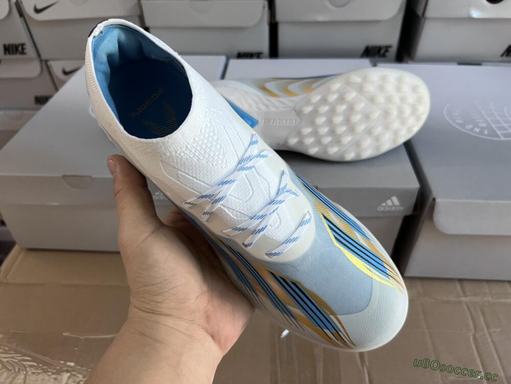 Men's Adidas X Crazyfast.1 TF Artificial Turf Low-Tops Football Shoes - White/Blue/Gold