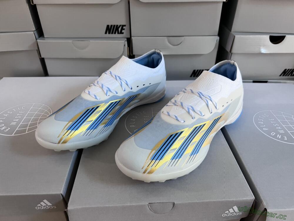 Men's Adidas X Crazyfast.1 TF Artificial Turf Low-Tops Football Shoes - White/Blue/Gold