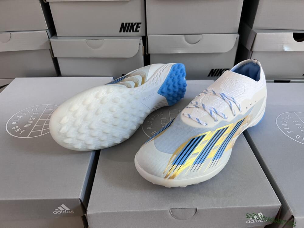 Men's Adidas X Crazyfast.1 TF Artificial Turf Low-Tops Football Shoes - White/Blue/Gold