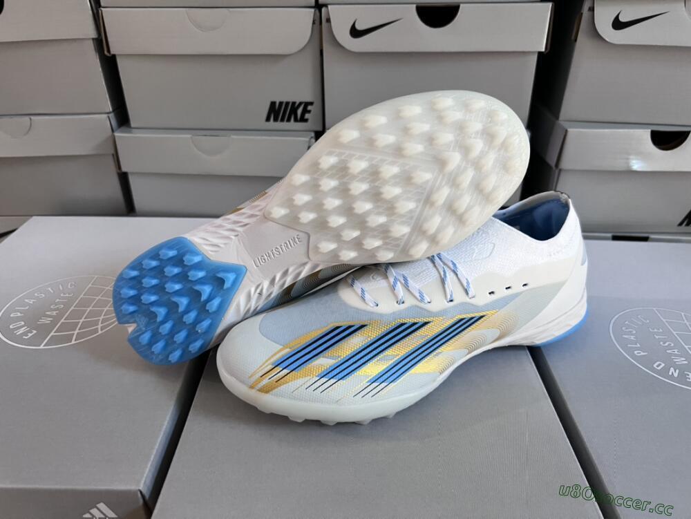 Men's Adidas X Crazyfast.1 TF Artificial Turf Low-Tops Football Shoes - White/Blue/Gold