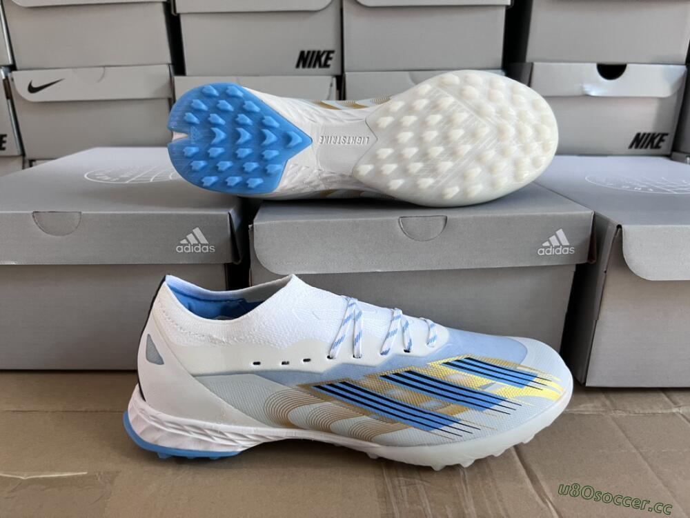 Men's Adidas X Crazyfast.1 TF Artificial Turf Low-Tops Football Shoes - White/Blue/Gold