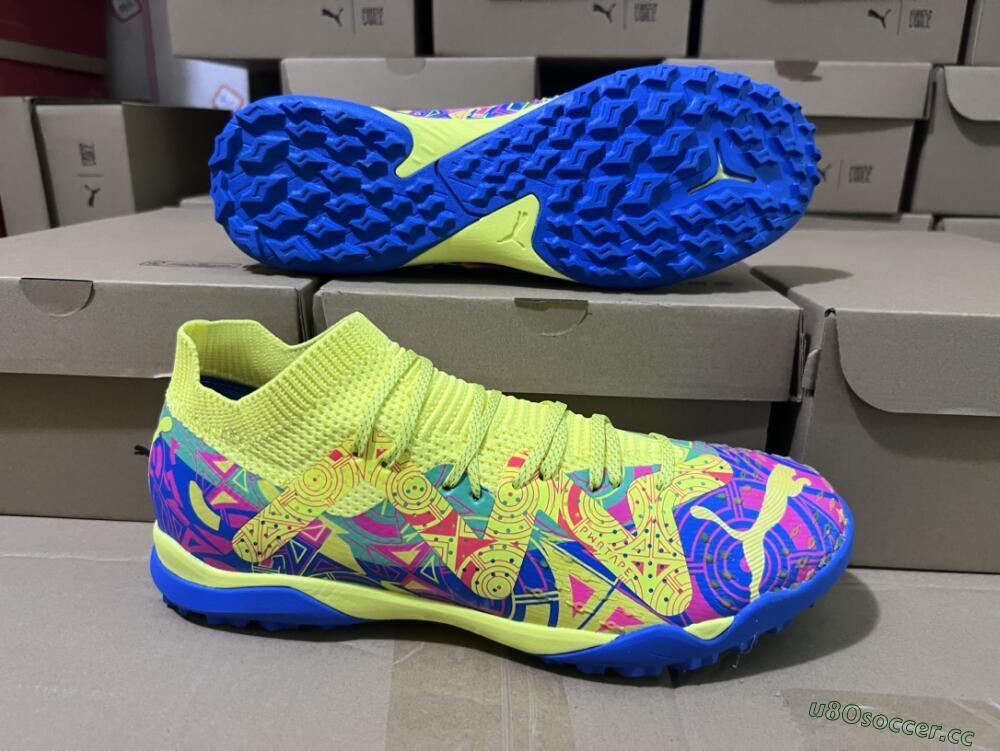 Men's Puma Future X Powercat Tokyo Match TF Artificial Turf Low-Tops Football Shoes - Blue/Yellow/Pink