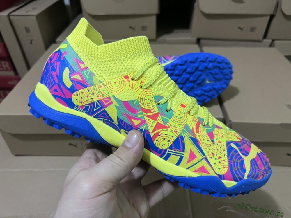 Men's Puma Future X Powercat Tokyo Match TF Artificial Turf Low-Tops Football Shoes - Blue/Yellow/Pink