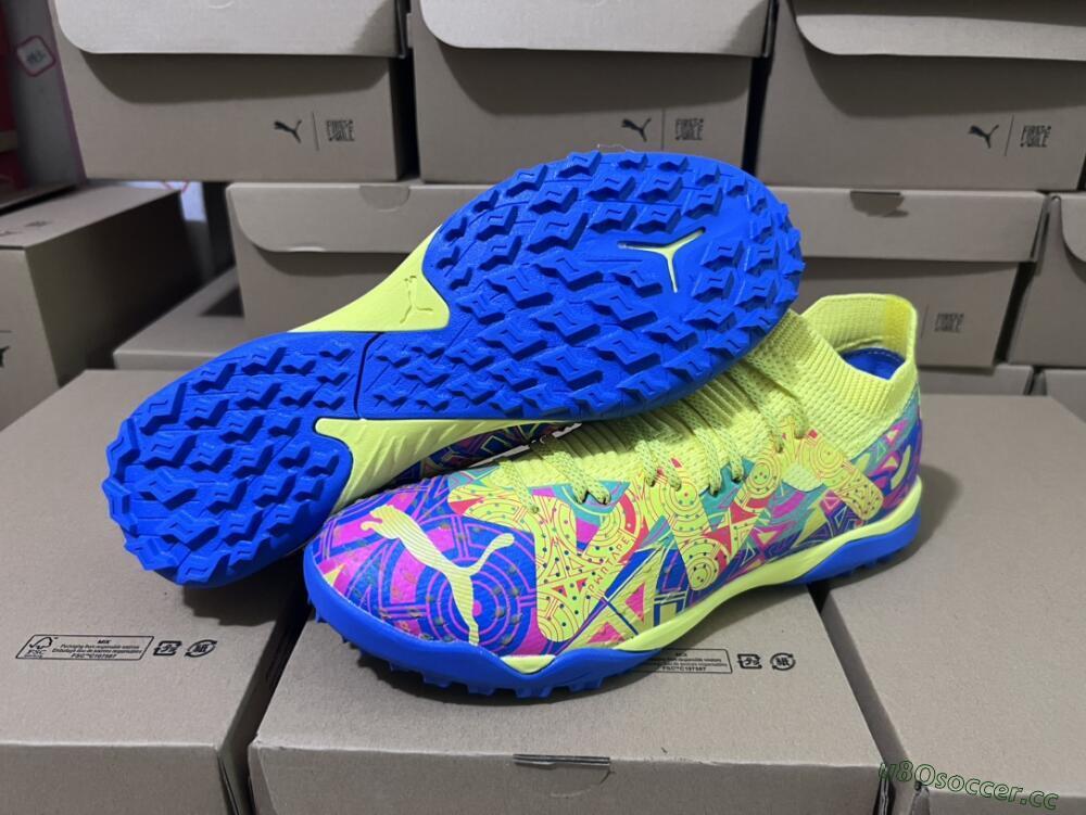 Men's Puma Future X Powercat Tokyo Match TF Artificial Turf Low-Tops Football Shoes - Blue/Yellow/Pink