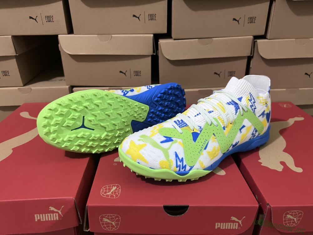 Men's Puma Future Ultimate TF Artificial Turf Low-Tops Football Shoes - White/Blue/Yellow/Green