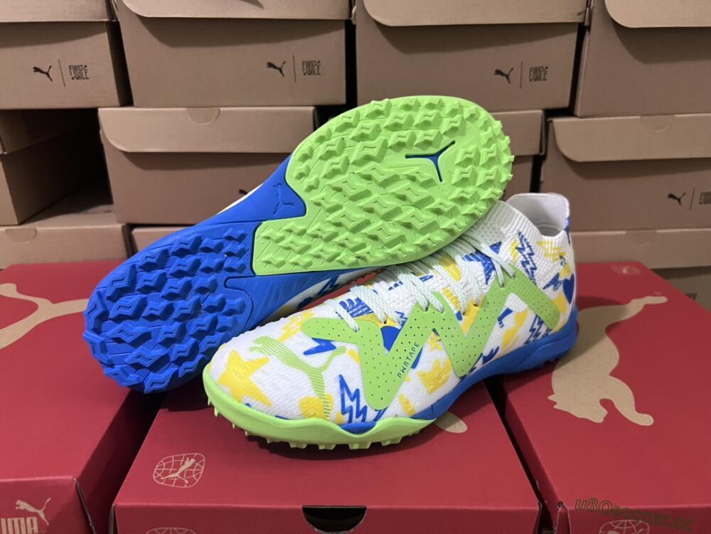Men's Puma Future Ultimate TF Artificial Turf Low-Tops Football Shoes - White/Blue/Yellow/Green