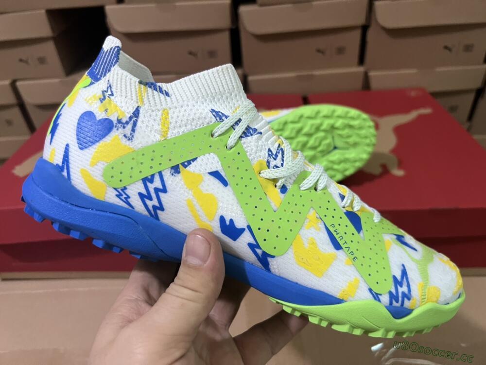 Men's Puma Future Ultimate TF Artificial Turf Low-Tops Football Shoes - White/Blue/Yellow/Green