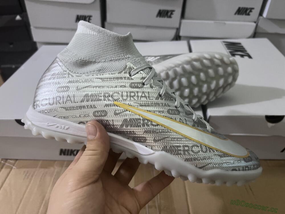 Men's Nike Air Zoom Mercurial Superfly 9 Elite TF Artificial Turf High-Tops Football Shoes - Silver/Gold