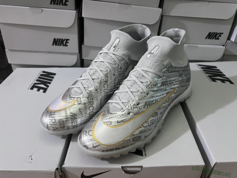 Men's Nike Air Zoom Mercurial Superfly 9 Elite TF Artificial Turf High-Tops Football Shoes - Silver/Gold