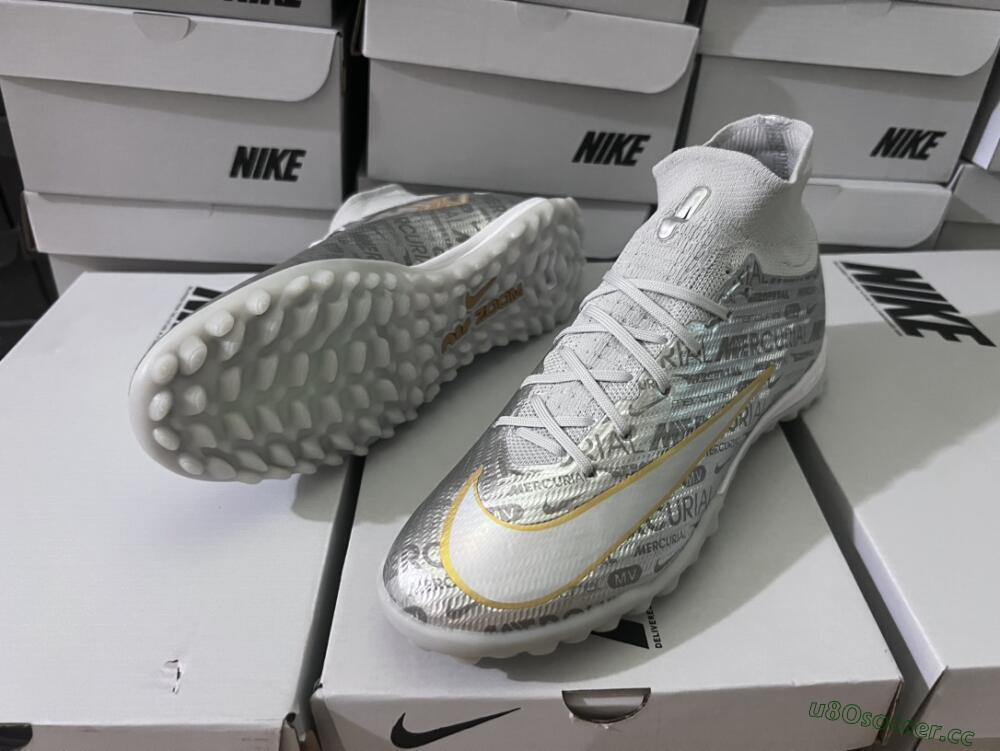 Men's Nike Air Zoom Mercurial Superfly 9 Elite TF Artificial Turf High-Tops Football Shoes - Silver/Gold