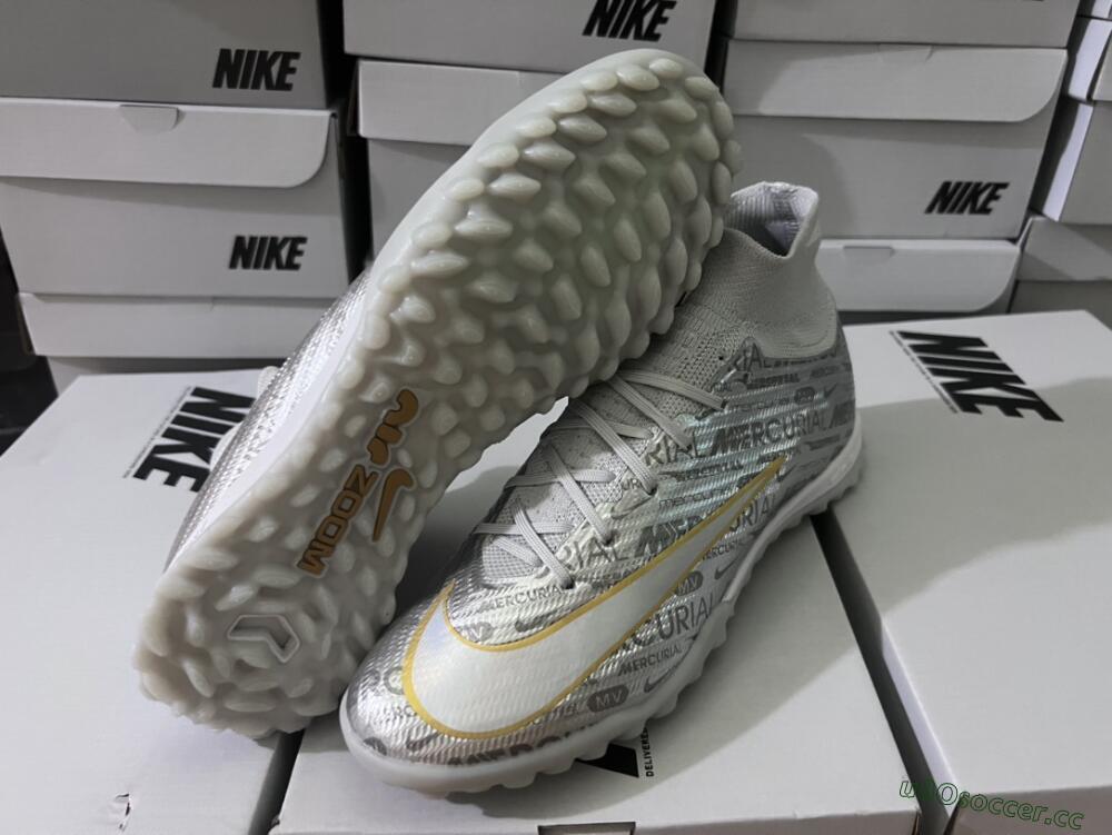 Men's Nike Air Zoom Mercurial Superfly 9 Elite TF Artificial Turf High-Tops Football Shoes - Silver/Gold