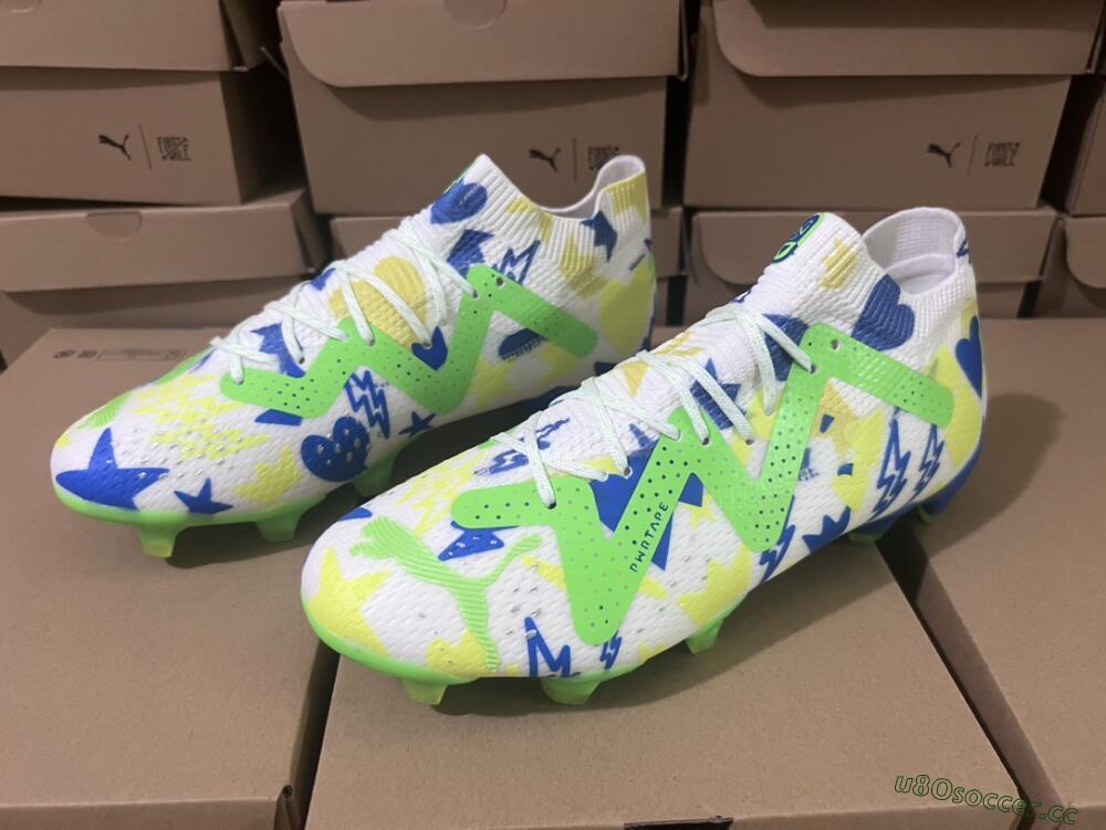 Men's Puma Future Ultimate DNA FG Firm Ground Low-Tops Football Boots - White/Blue/Yellow/Green
