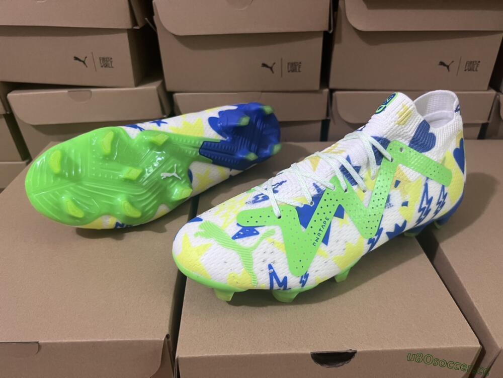 Men's Puma Future Ultimate DNA FG Firm Ground Low-Tops Football Boots - White/Blue/Yellow/Green