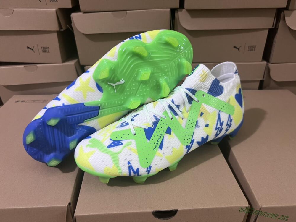 Men's Puma Future Ultimate DNA FG Firm Ground Low-Tops Football Boots - White/Blue/Yellow/Green