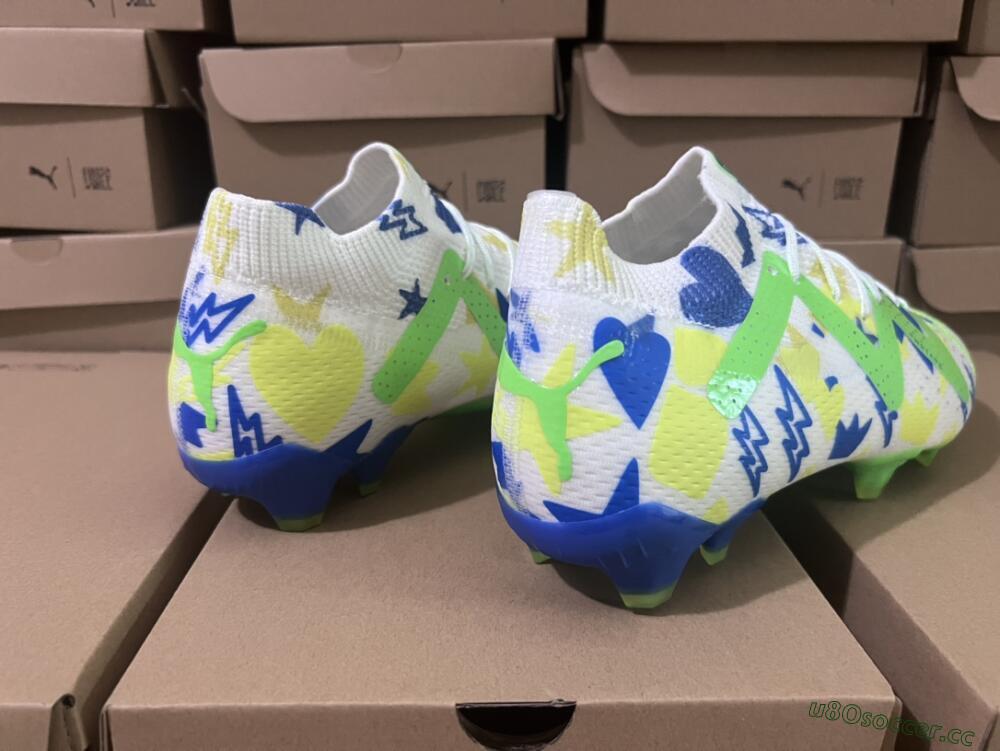 Men's Puma Future Ultimate DNA FG Firm Ground Low-Tops Football Boots - White/Blue/Yellow/Green