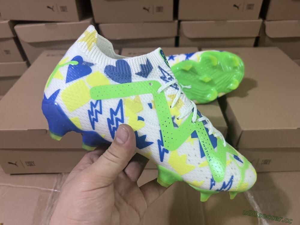Men's Puma Future Ultimate DNA FG Firm Ground Low-Tops Football Boots - White/Blue/Yellow/Green