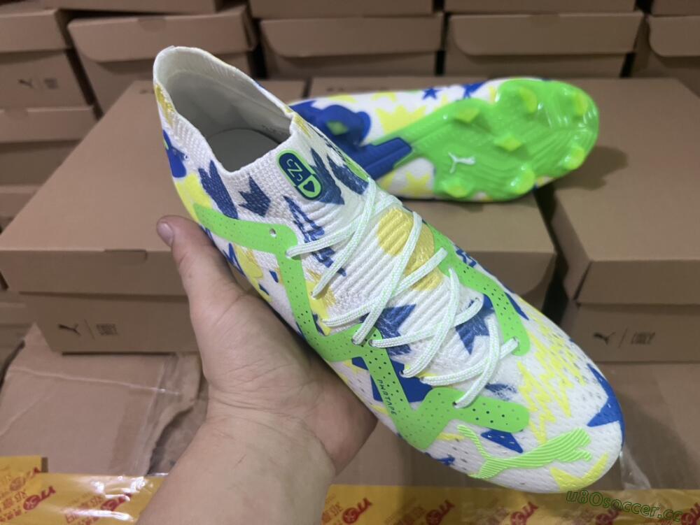 Men's Puma Future Ultimate DNA FG Firm Ground Low-Tops Football Boots - White/Blue/Yellow/Green