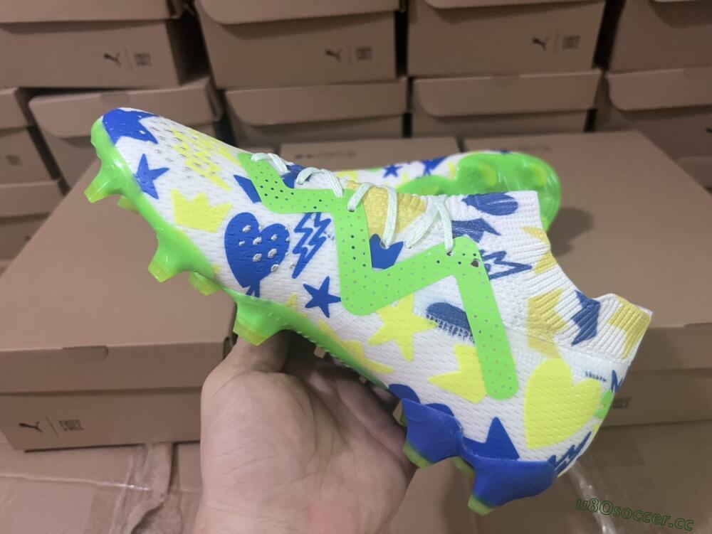 Men's Puma Future Ultimate DNA FG Firm Ground Low-Tops Football Boots - White/Blue/Yellow/Green