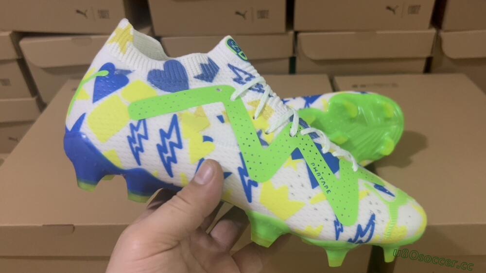 Men's Puma Future Ultimate DNA FG Firm Ground Low-Tops Football Boots - White/Blue/Yellow/Green