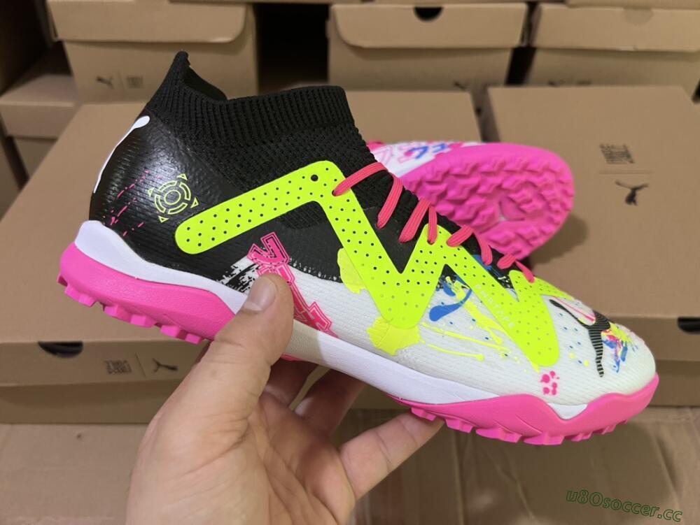 Men's Puma Future X Powercat Tokyo Match TF Artificial Turf Low-Tops Football Shoes - White/Black/Pink/Yellow