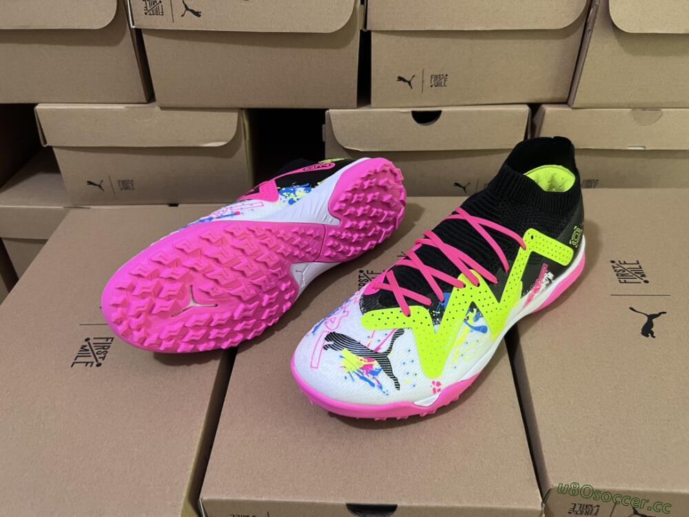 Men's Puma Future X Powercat Tokyo Match TF Artificial Turf Low-Tops Football Shoes - White/Black/Pink/Yellow