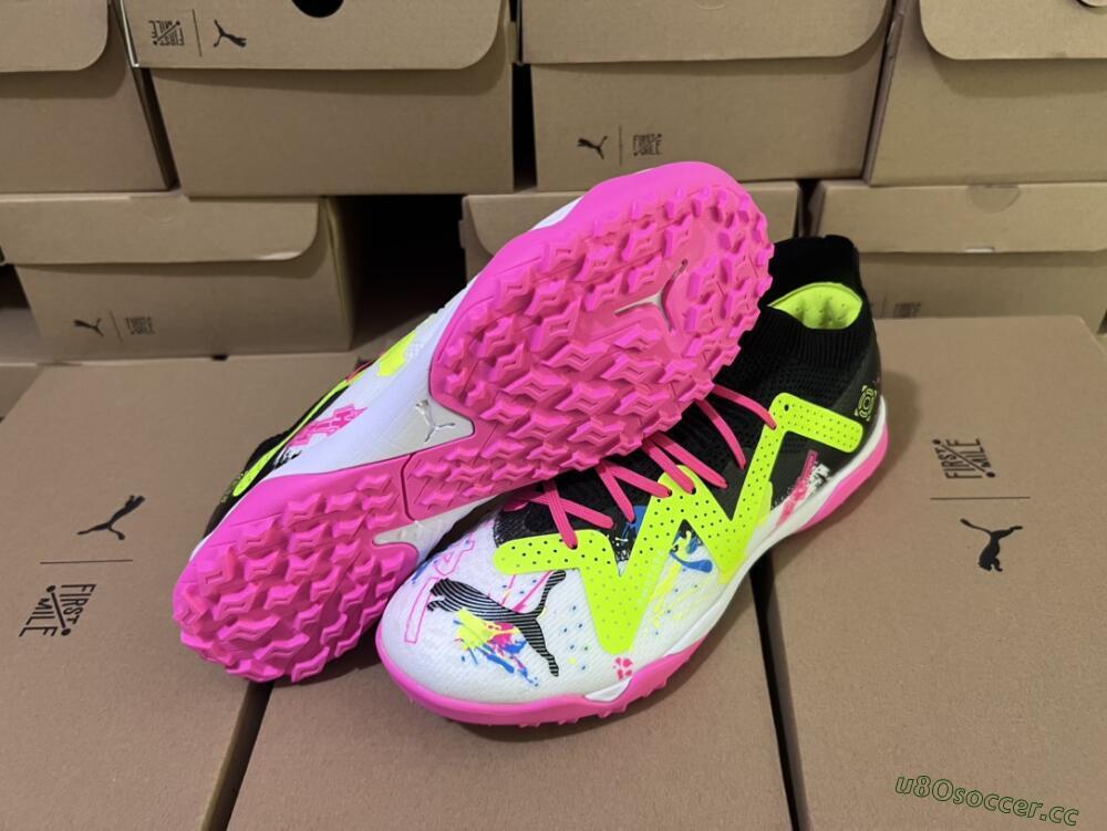 Men's Puma Future X Powercat Tokyo Match TF Artificial Turf Low-Tops Football Shoes - White/Black/Pink/Yellow