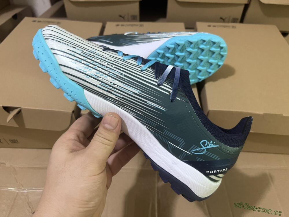 Men's Puma Ultra Ultimate TF Artificial Turf Low-Tops Football Shoes - White/Blue/Green