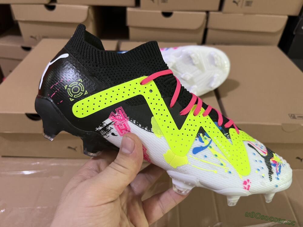 Men's Puma Future X Powercat Tokyo Match FG Firm Ground Low-Tops Football Boots - White/Black/Green/Pink