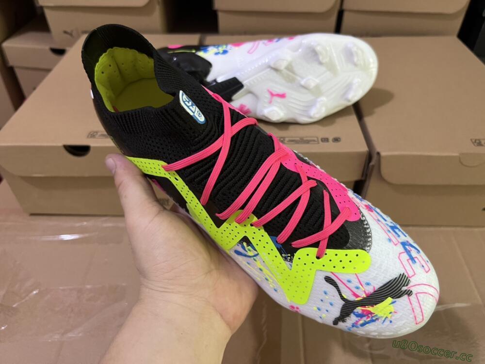 Men's Puma Future X Powercat Tokyo Match FG Firm Ground Low-Tops Football Boots - White/Black/Green/Pink